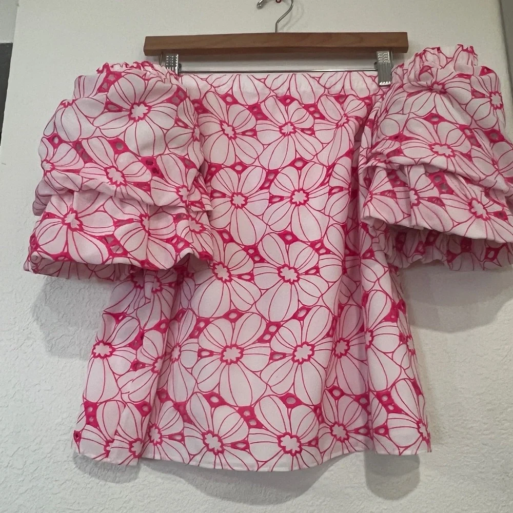 Lily Pulitzer Lesley off shoulder pink and white fully lined eyelet top. - Picture 2 of 8